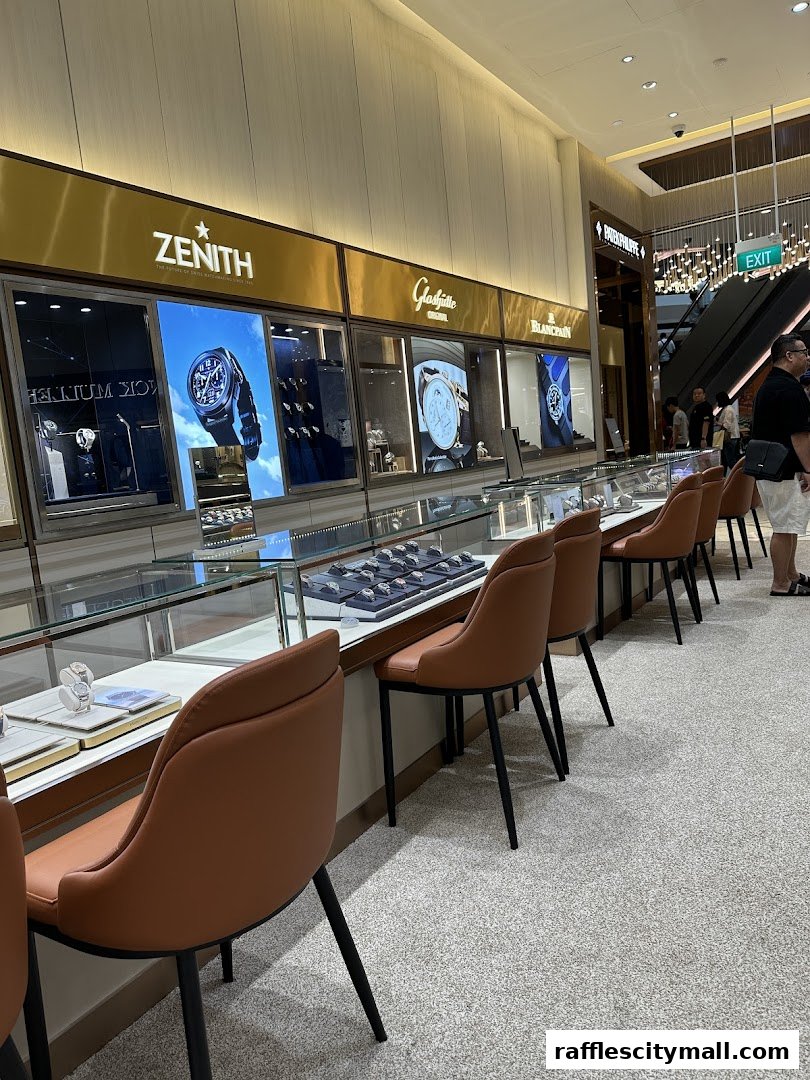 Interior view of a luxury watch store showcasing brands like Zenith, Glashütte, and Blancpain.