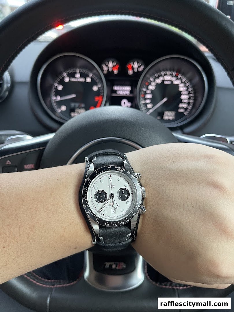 A person wearing a Tudor watch while sitting in a car.