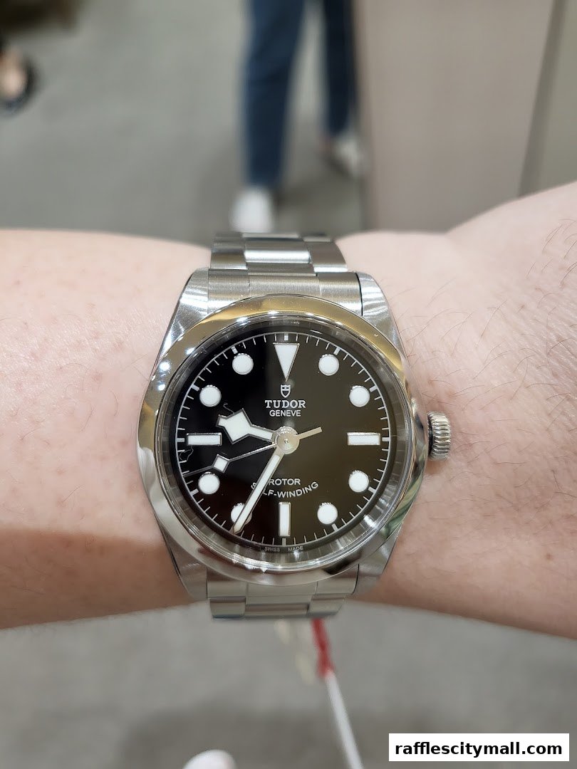 A close-up shot of a Tudor Black Bay watch on a person's wrist.