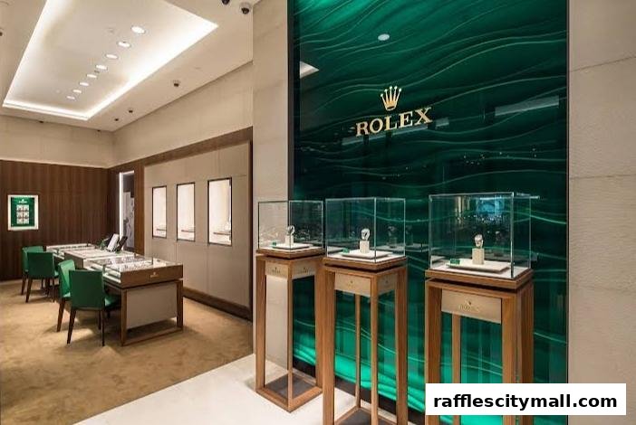 Interior of a luxurious Rolex watch boutique with display cases and seating.