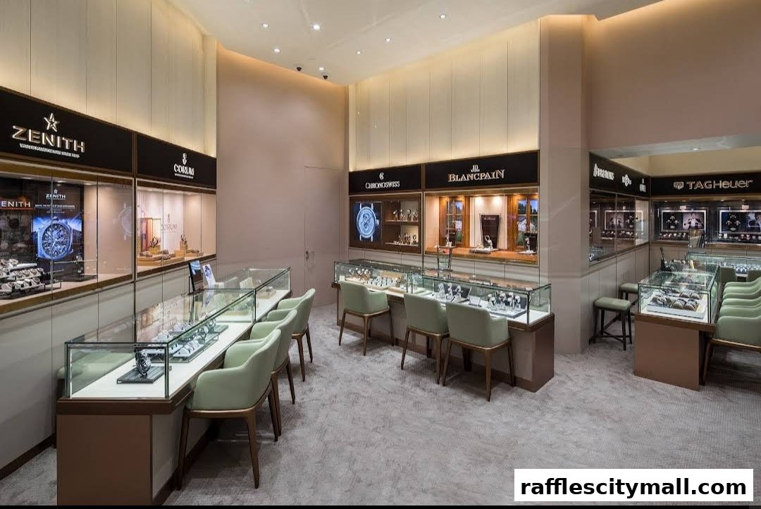 Interior of a luxury watch store showcasing various brands in display cases.