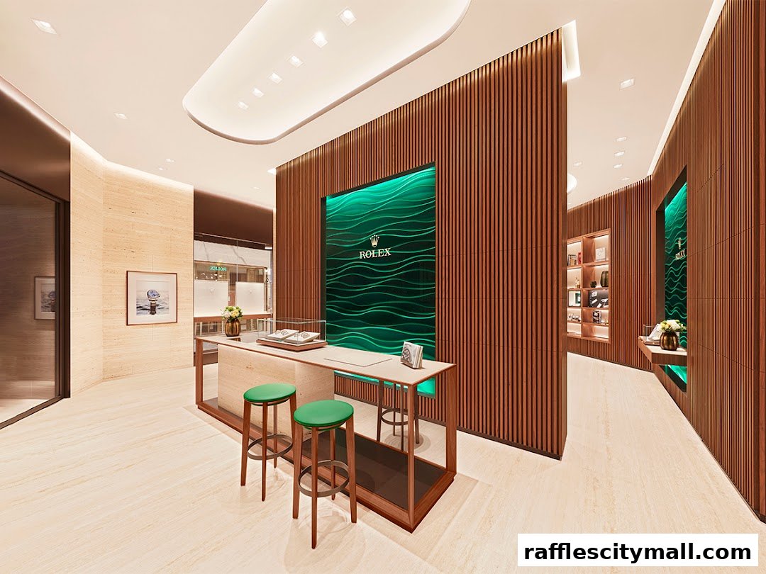 Interior of a luxurious Rolex boutique with wooden accents and green displays.