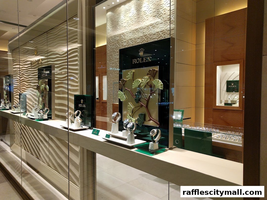 A luxury watch store window display featuring multiple Rolex watches on stands.