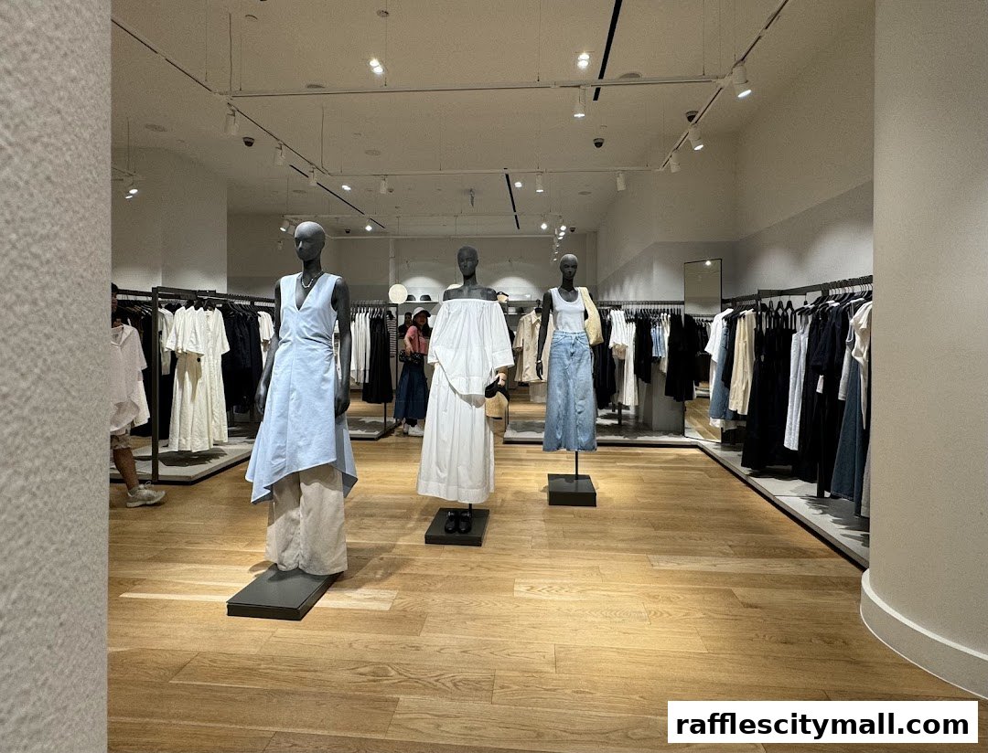 Interior view of a COS clothing store with mannequins displaying outfits and racks of clothes.