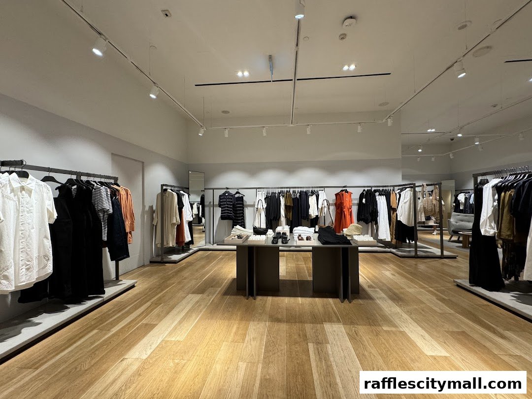 Interior view of a COS clothing store showcasing minimalist fashion on racks and a central display.