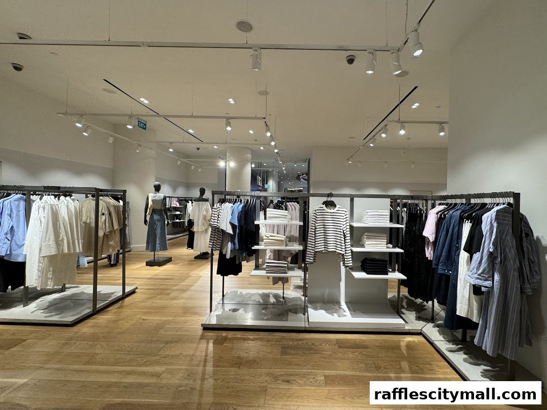 Interior view of a COS clothing store showcasing minimalist fashion on racks and mannequins.