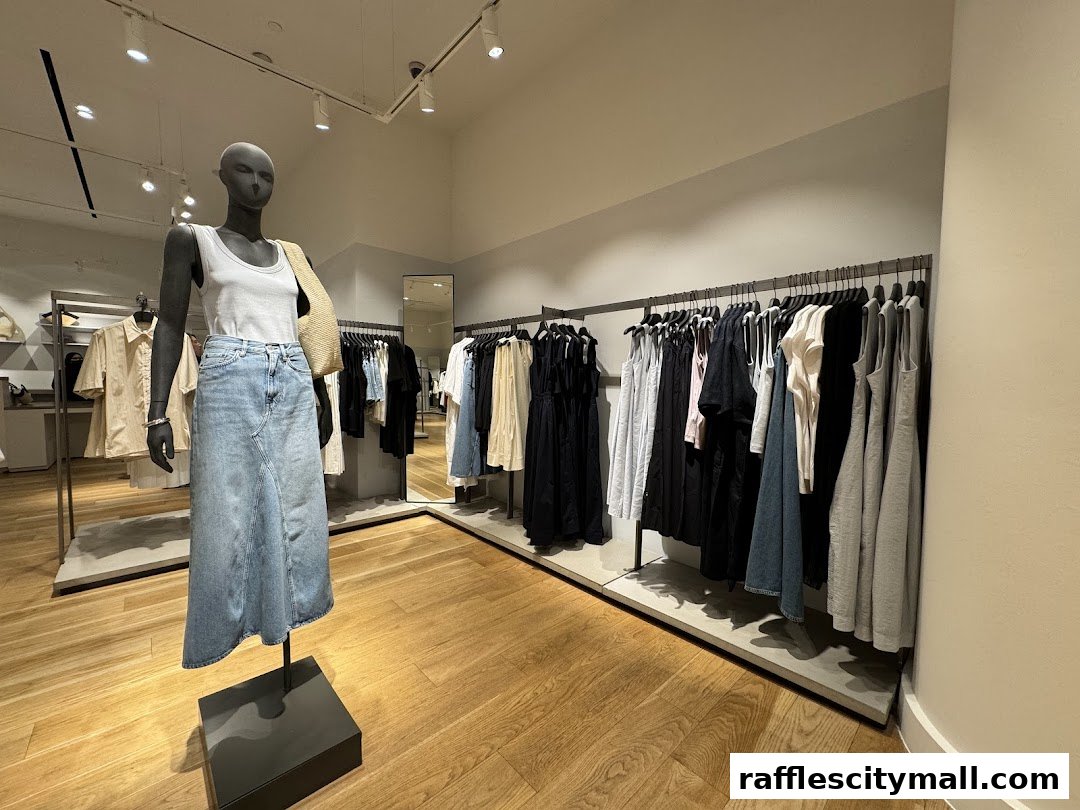 A mannequin wearing a denim skirt and tank top stands in a clothing store.