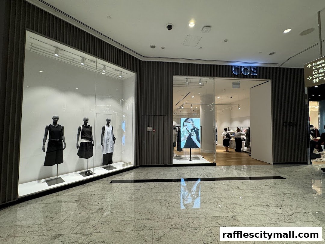 The COS store features a modern storefront with mannequins displaying clothing in the window and a digital display inside.