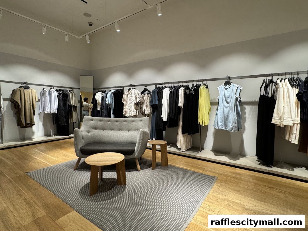 Interior view of a COS clothing store with racks of apparel and a seating area.