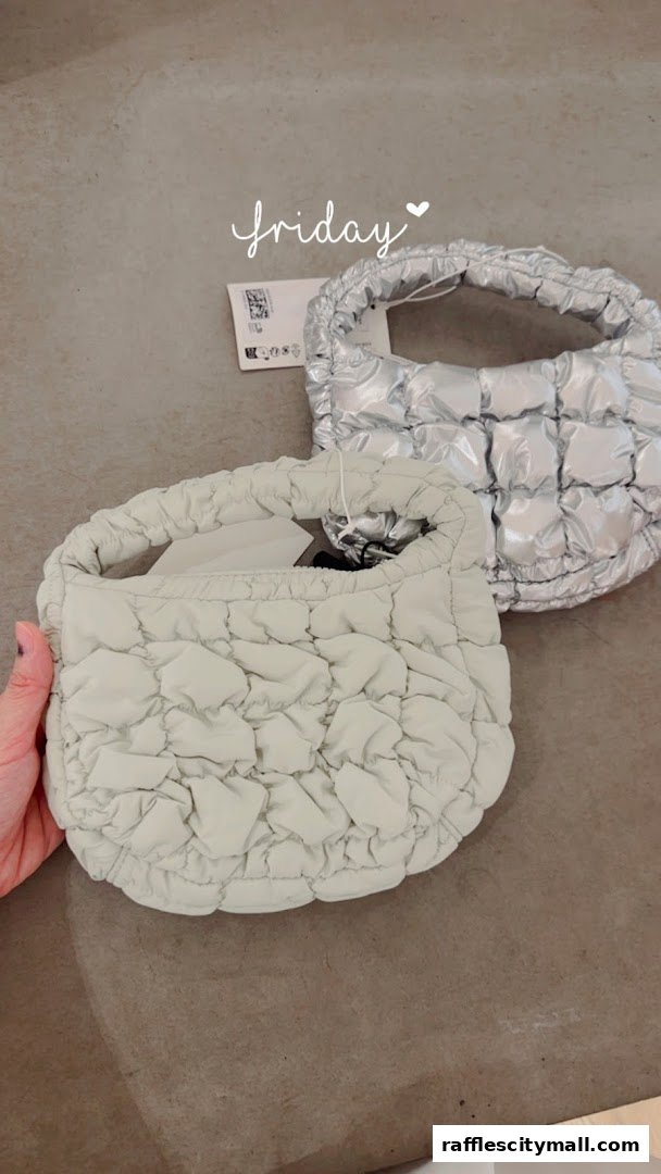 Two quilted handbags, one in light green and the other in silver, are displayed.