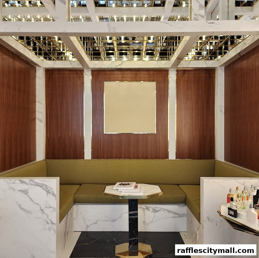 A luxurious seating area with a green sofa, marble accents, and a display of perfumes.