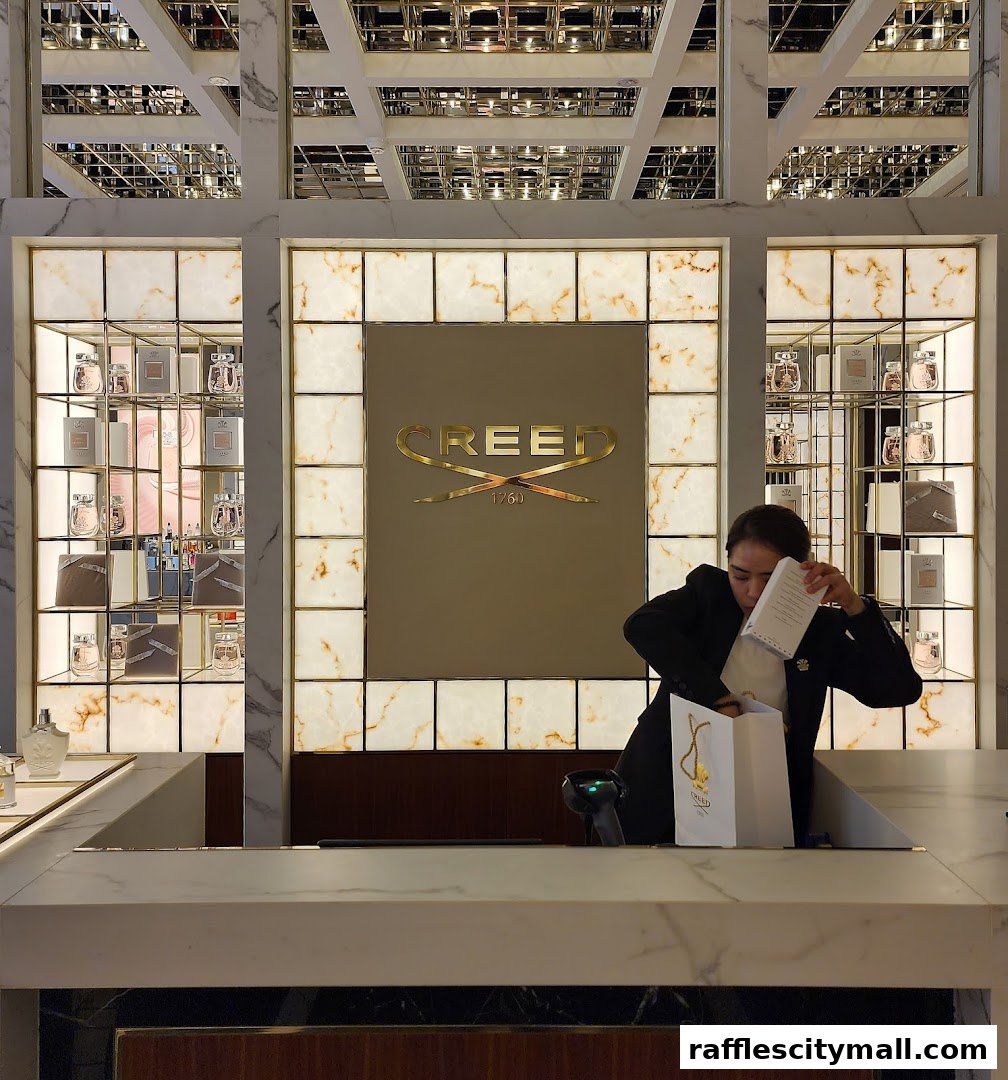 A sales associate is packing items into a shopping bag at the Creed perfume counter.
