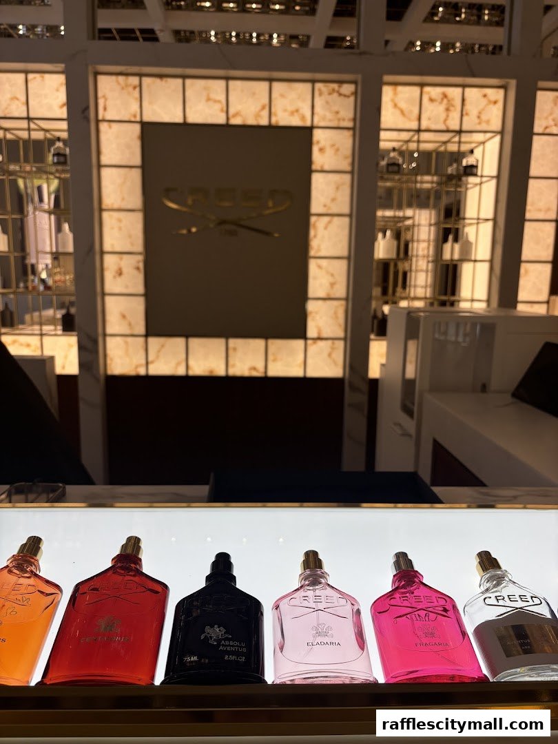 A display of Creed perfume bottles on a shelf with the brand logo in the background.