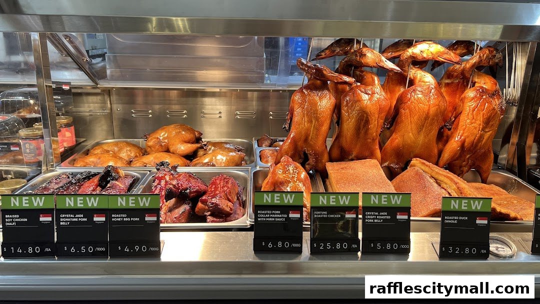 A display of various roasted and braised meats, including whole ducks, chickens, and pork belly.