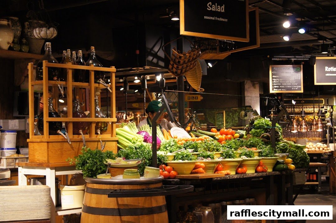 A vibrant display of fresh produce and bottled liquids in a market-style setting.