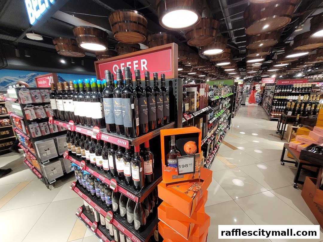 A wide aisle in a supermarket with shelves stocked with wine bottles and other products.