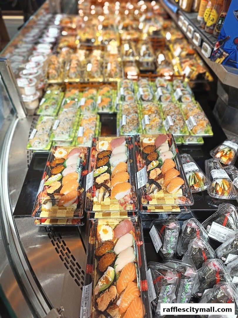 A wide selection of pre-packaged sushi and onigiri displayed in a refrigerated case.