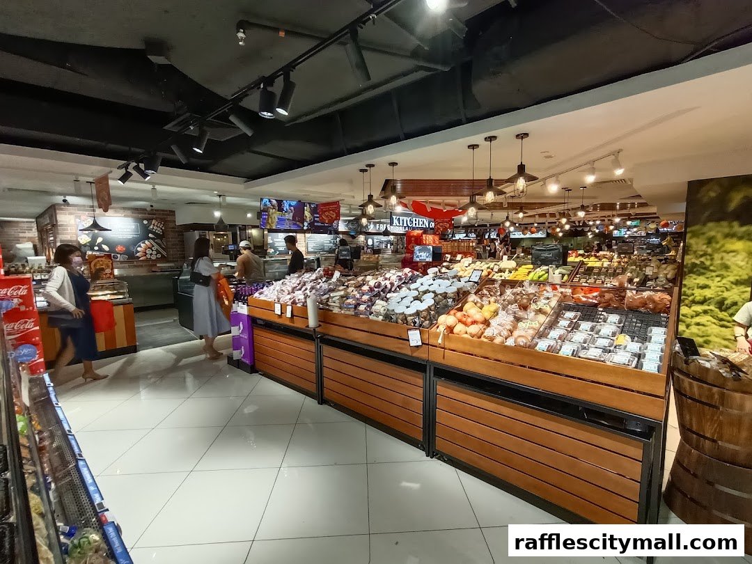 Interior view of a well-stocked grocery store with fresh produce and packaged goods.