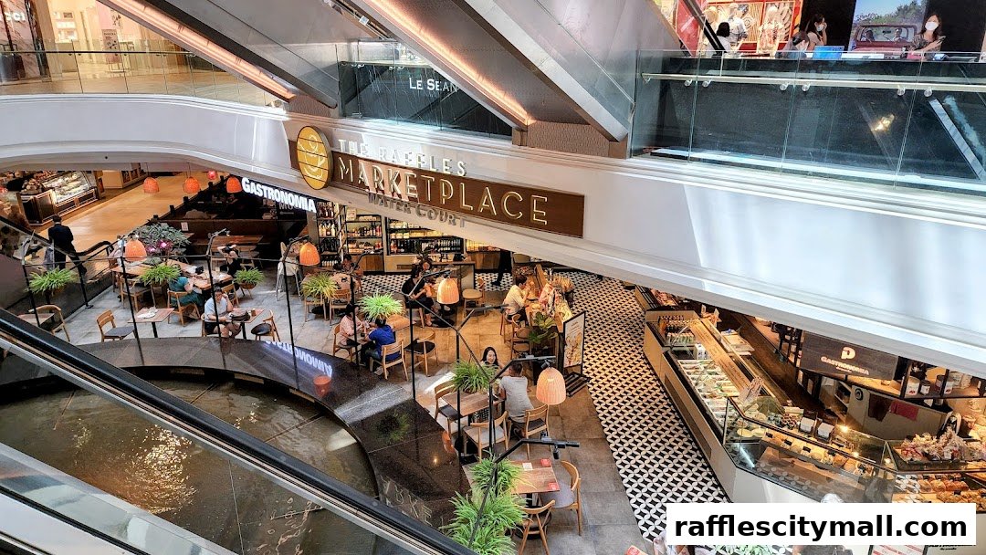 A bustling marketplace with seating areas and food displays, viewed from above.