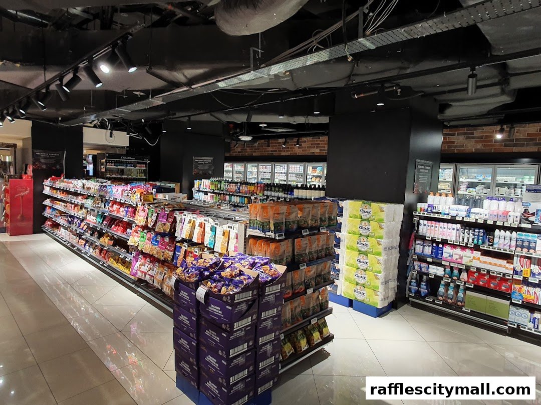 Interior view of a well-stocked supermarket with aisles of snacks, toiletries, and household items.