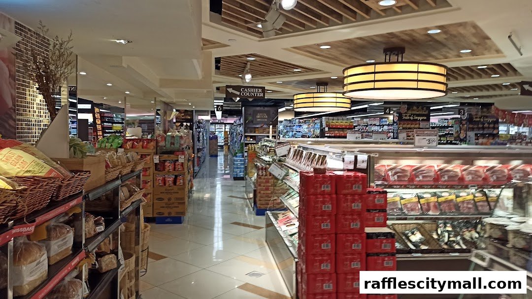 Interior view of a well-lit supermarket with aisles of food products and a cashier counter sign.
