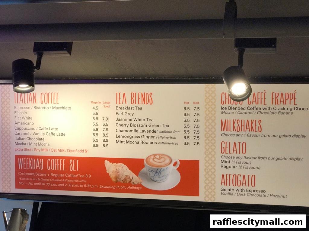A menu board displays various coffee, tea, milkshake, gelato, and affogato options with prices.