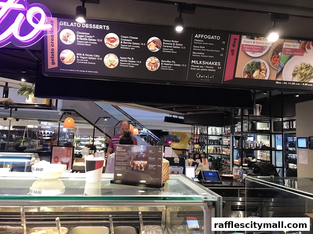 A display menu for gelato desserts, affogatos, and milkshakes at Da Paolo Gastronomia.