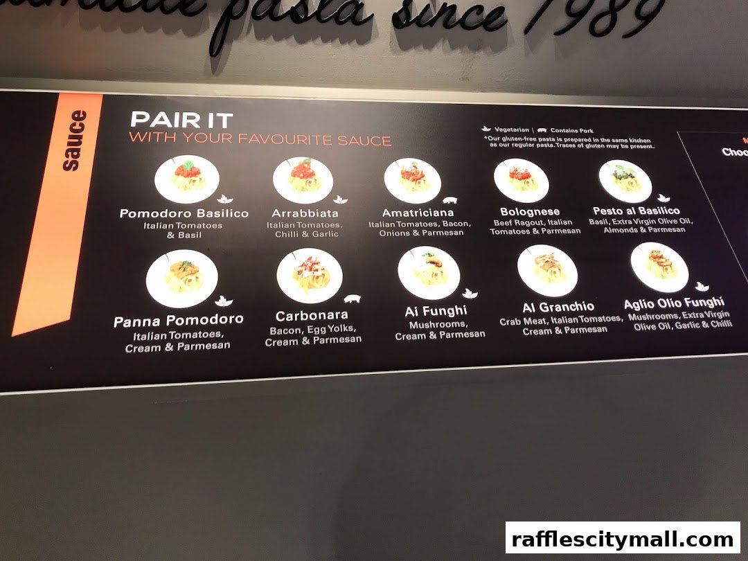 A display showcasing various pasta sauces offered at Da Paolo Gastronomia.