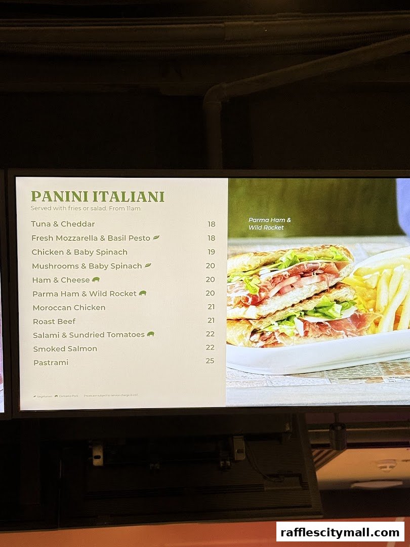 A digital menu displaying various Italian paninis with their prices and a picture of a panini.