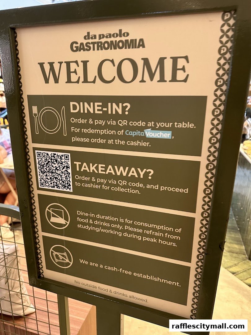 A welcome sign for Da Paolo Gastronomia detailing dine-in and takeaway procedures.