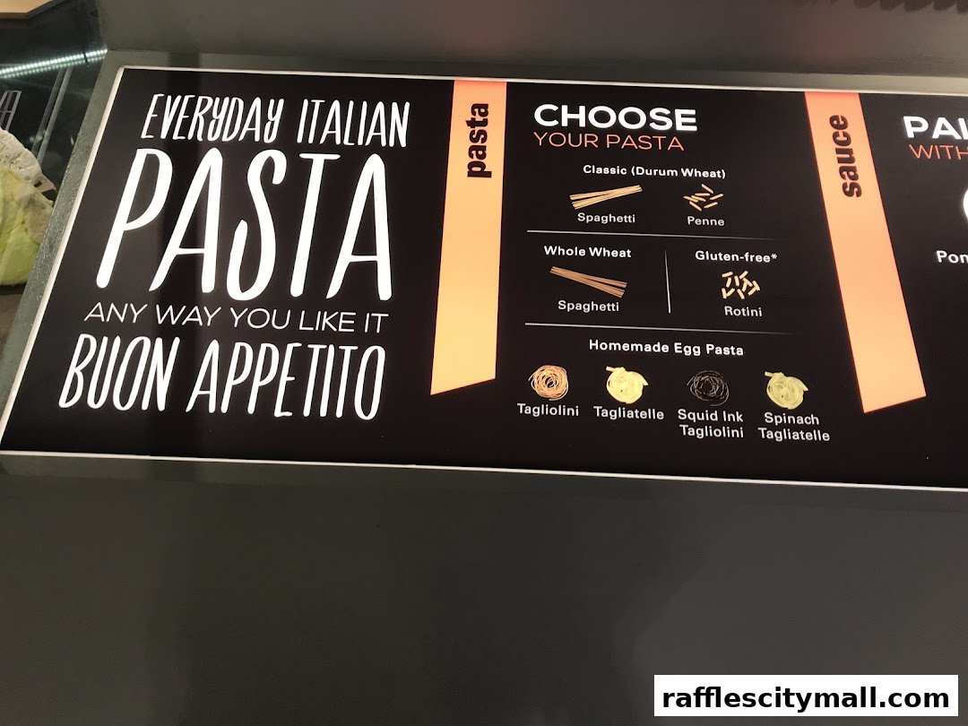 A menu board showcasing various types of Italian pasta and their options.