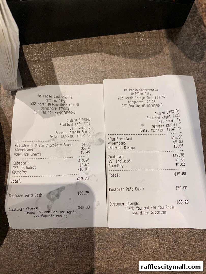 Two receipts from Da Paolo Gastronomia showing food items and payment details.
