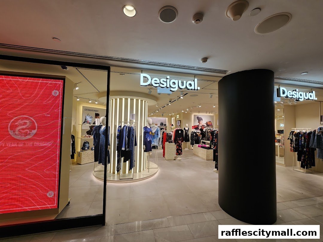 The entrance of a Desigual store showcasing colorful clothing and mannequins.