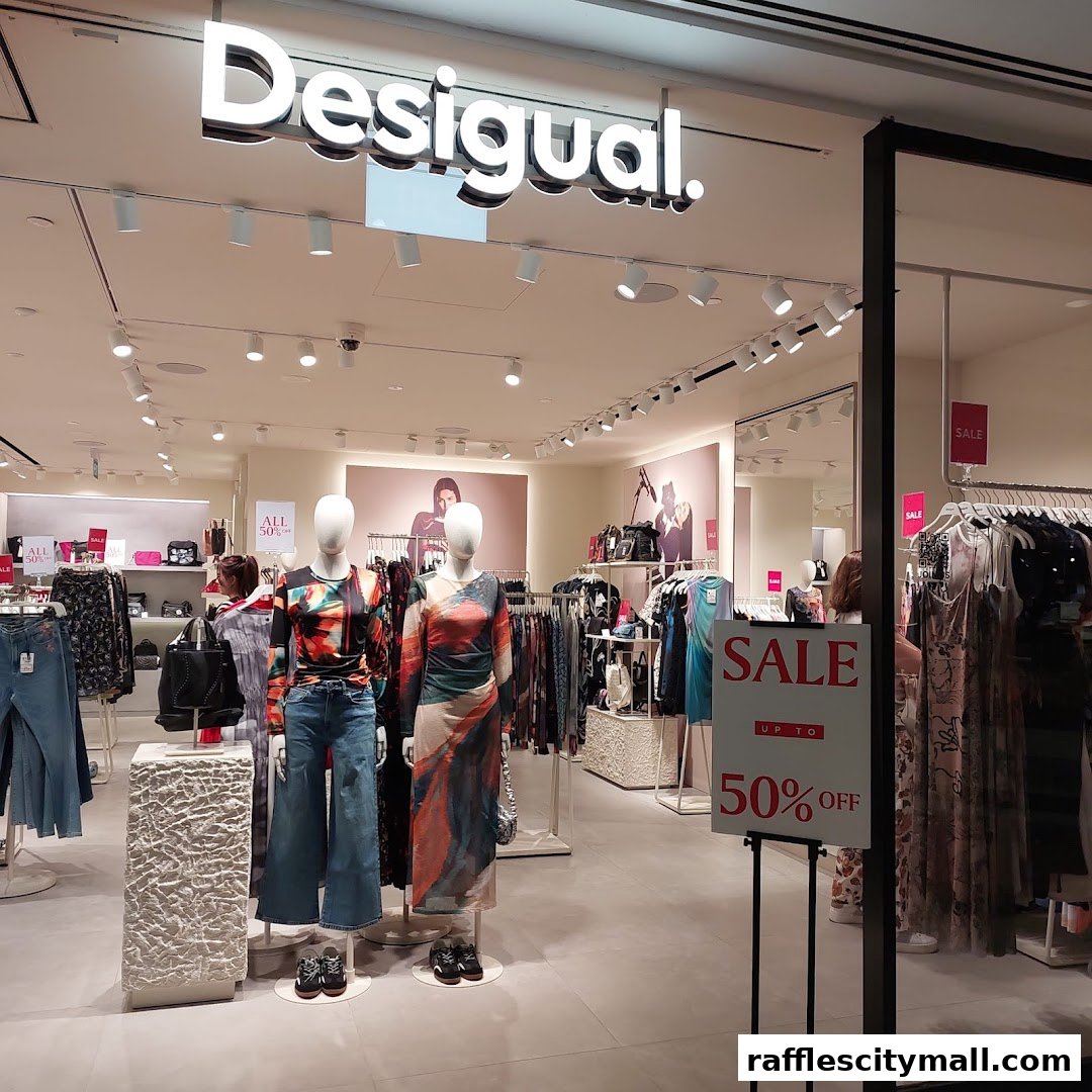 The Desigual store features mannequins displaying colorful clothing and a prominent sale sign.