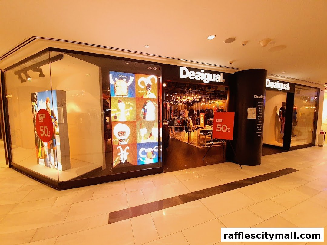 The Desigual store features a vibrant display with zodiac signs and a 50% off sale.