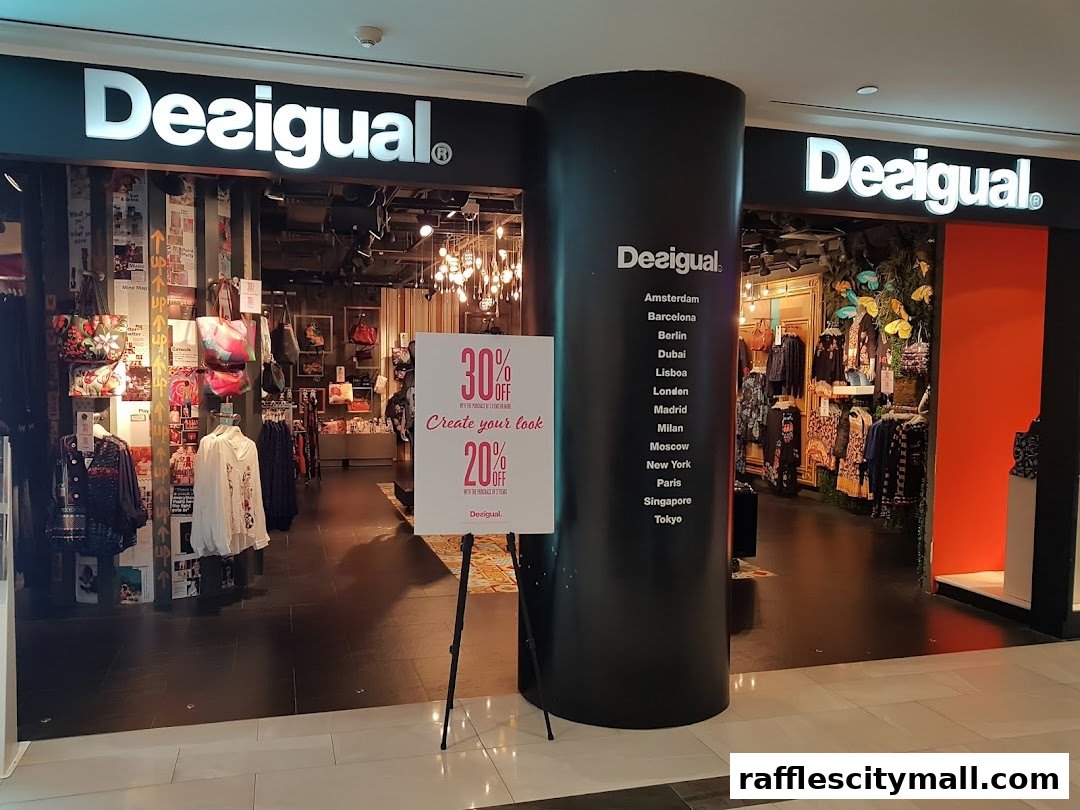 The Desigual store entrance features vibrant displays of clothing and accessories, with a promotional sign.