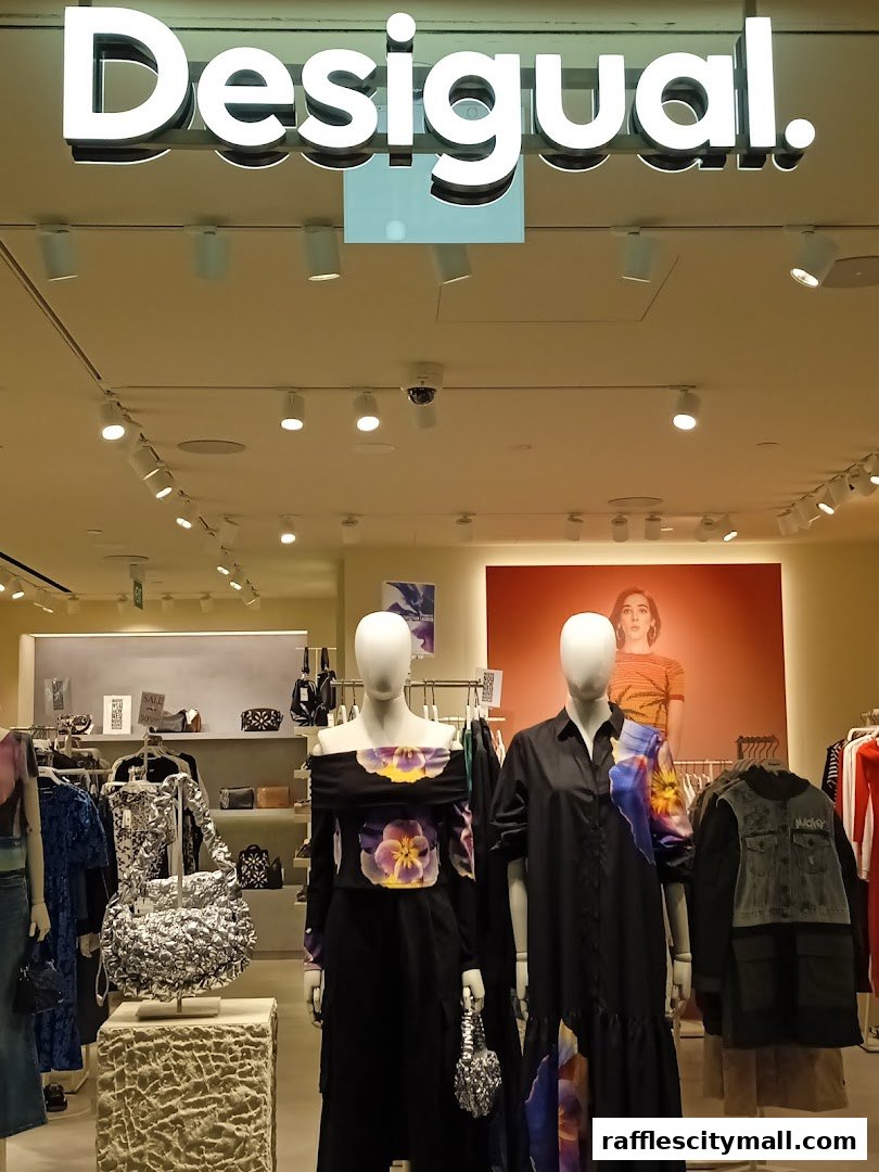 Desigual store window display featuring mannequins in colorful floral print dresses and accessories.