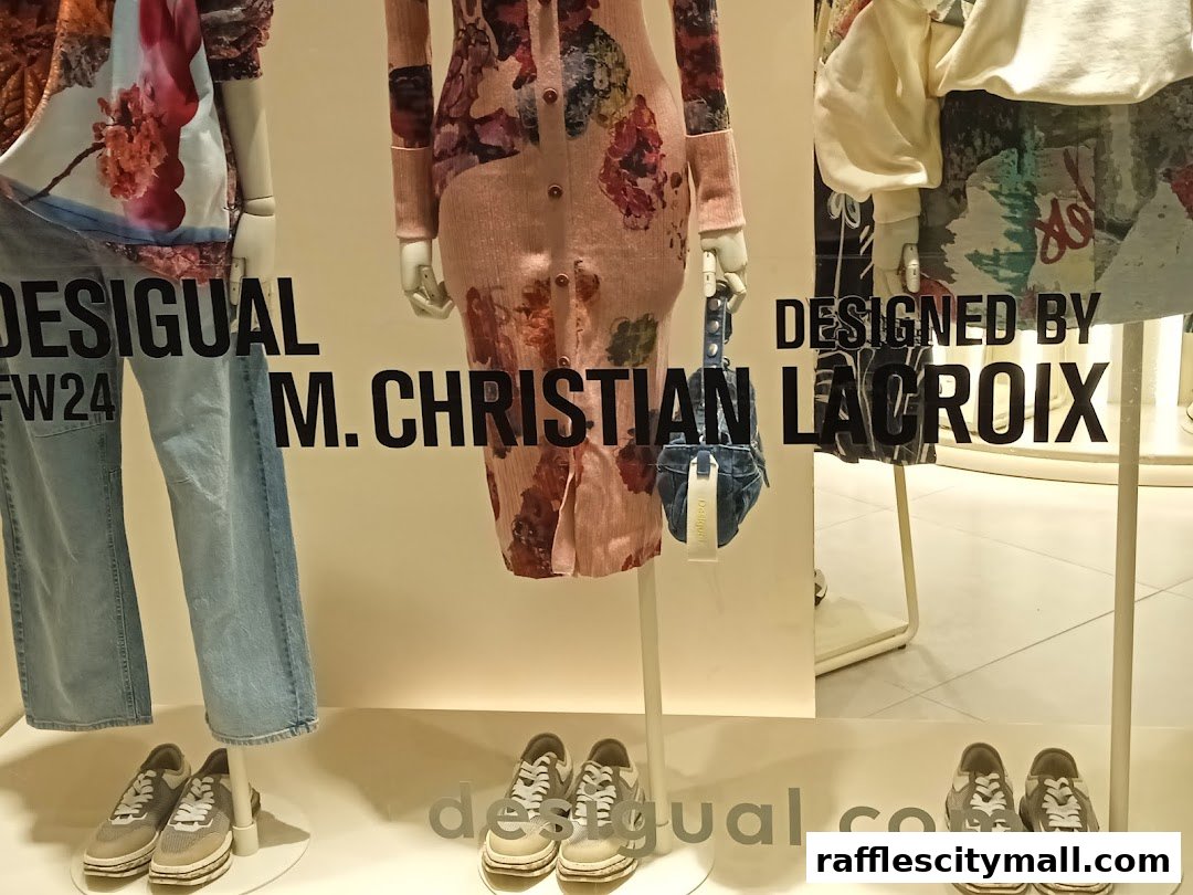 Desigual store window display featuring mannequins in colorful clothing and sneakers.
