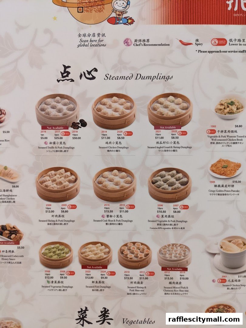 A menu featuring various steamed dumplings and other dishes from Din Tai Fung.