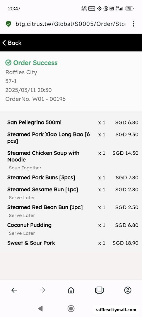 An order success screen showing a list of food items and their prices from Din Tai Fung.