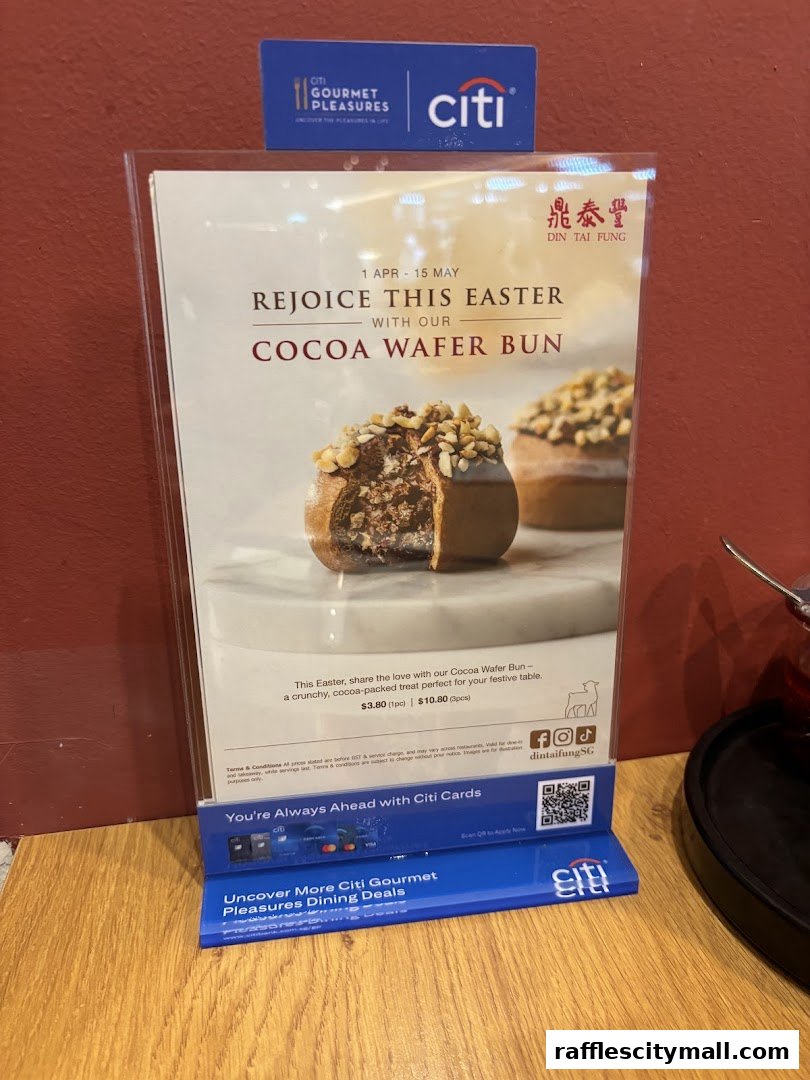 A promotional sign for Din Tai Fung's Easter special, the Cocoa Wafer Bun.
