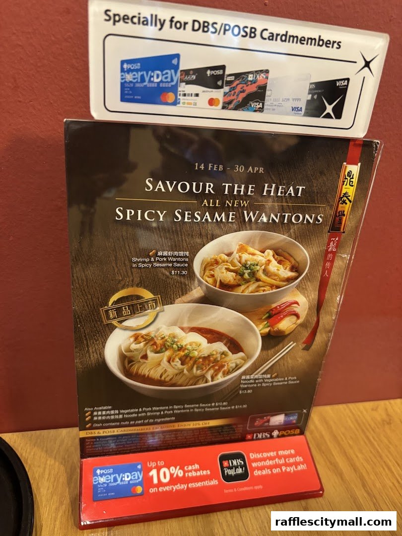 A menu featuring Spicy Sesame Wantons with DBS/POSB cardmember offers.