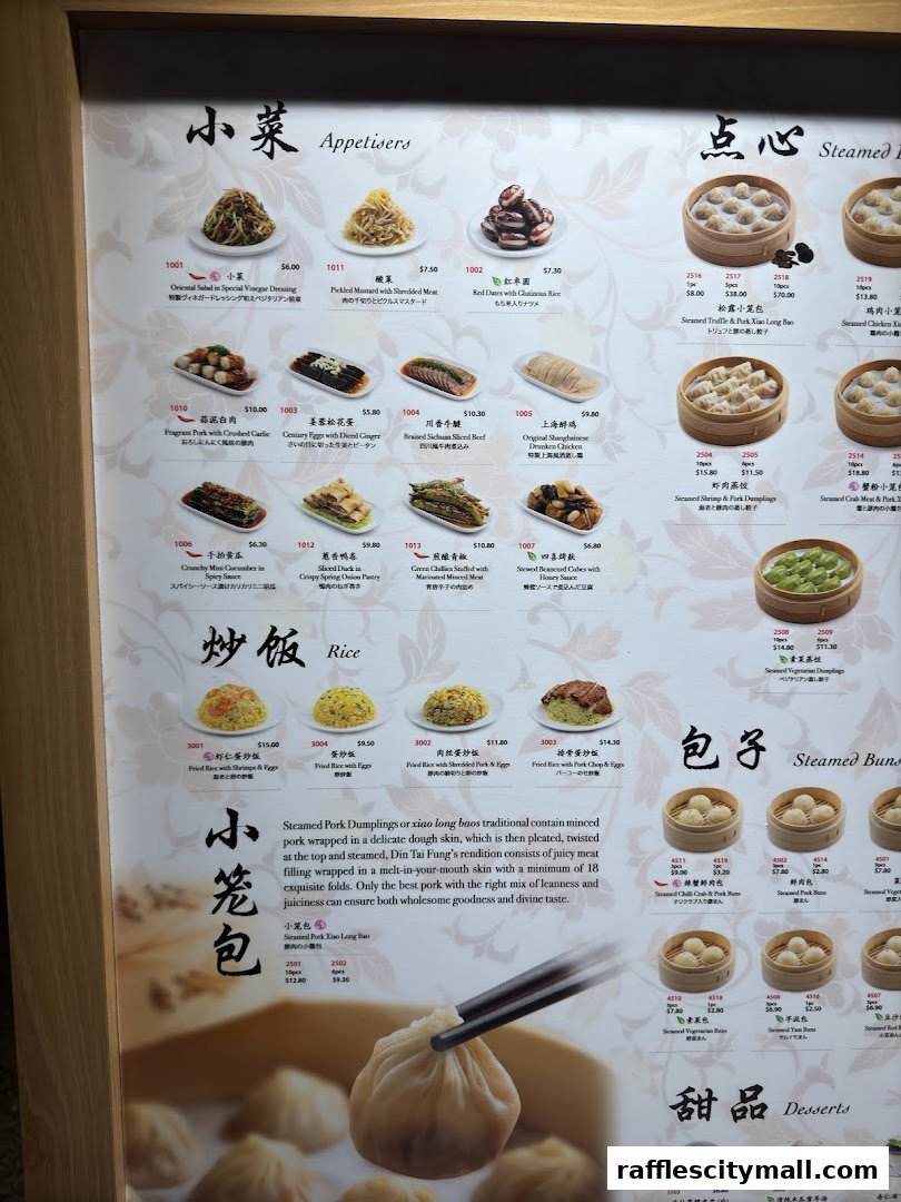 A menu featuring appetizers, rice dishes, steamed buns, and desserts with food images and prices.