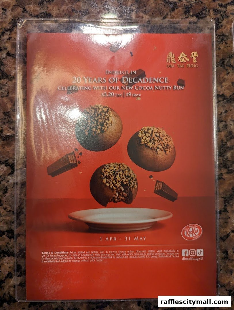 A menu featuring Din Tai Fung's new Cocoa Nutty Bun, celebrating 20 years of decadence.