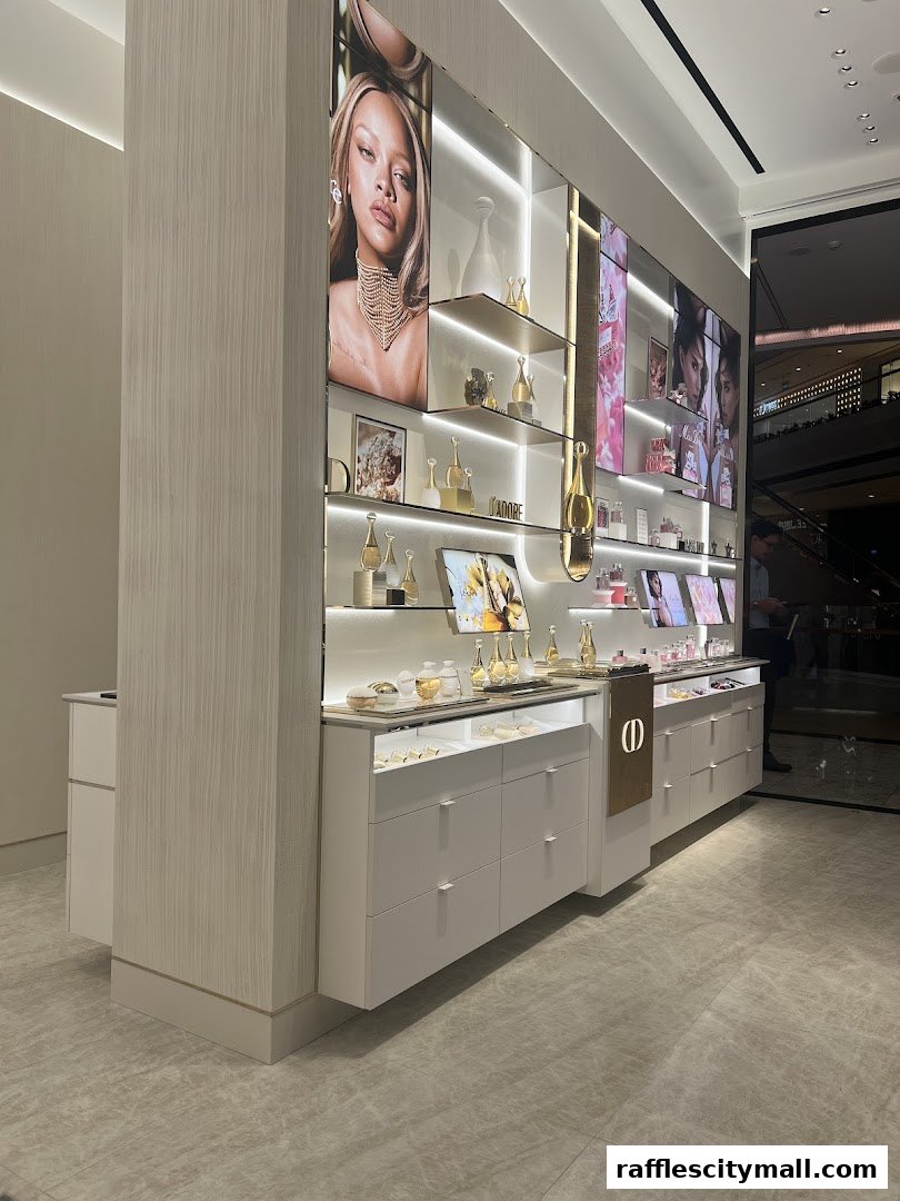Interior view of a Dior Beauty boutique showcasing perfumes, makeup, and campaign imagery.