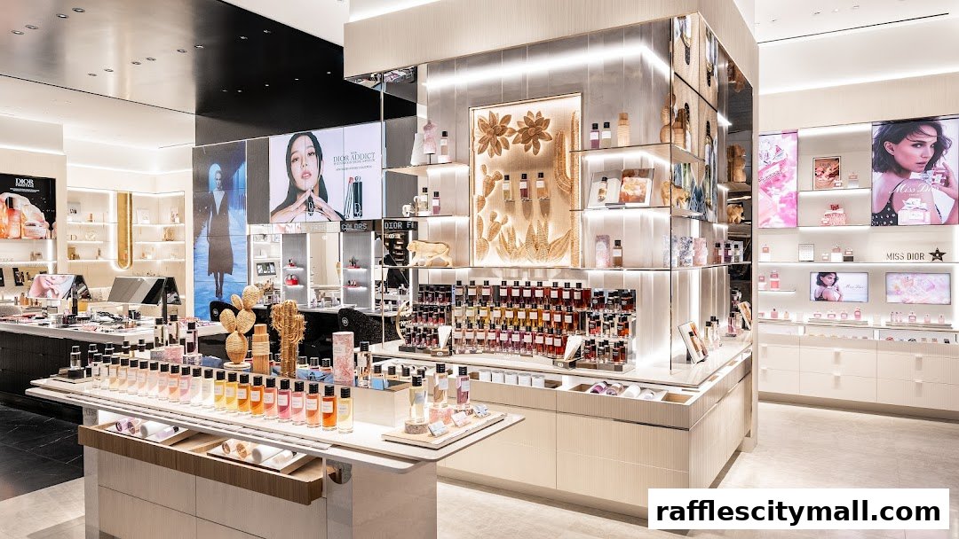 Interior view of a luxurious Dior Beauty boutique showcasing perfumes and makeup.
