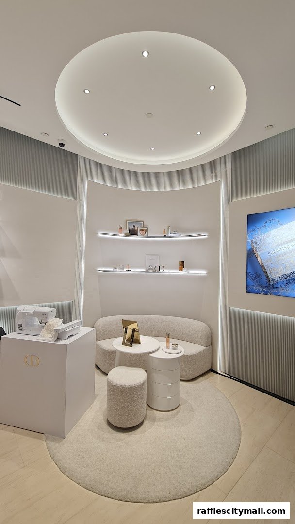 Interior of a Dior Beauty boutique with product displays, seating, and a sewing machine.