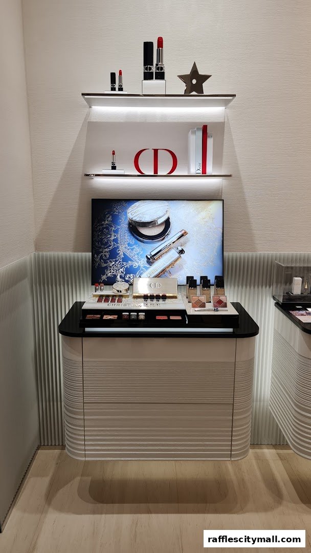 Dior Beauty boutique display featuring lipsticks, foundation, and makeup palettes.