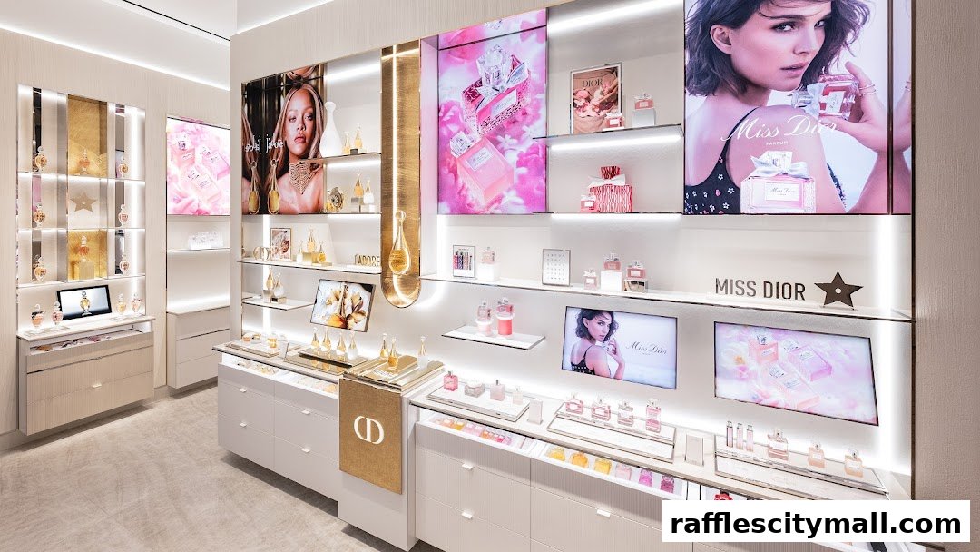 Interior of a Dior Beauty boutique showcasing various perfumes and promotional displays.