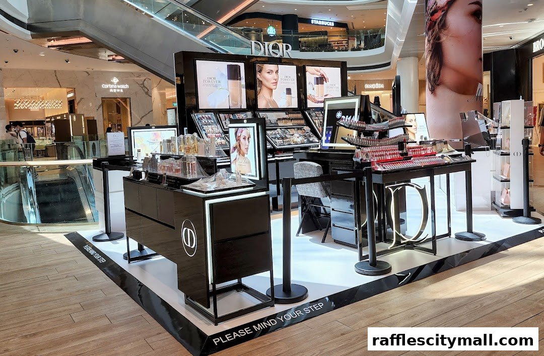 A Dior Beauty boutique display featuring makeup and fragrances in a shopping mall.